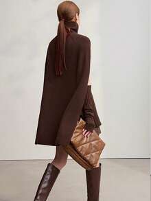 Airaco 女士纯色时尚现代高领斗篷毛衣 - 棕色 - 查看 2