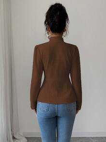 SHEIN Elenzya 女士纹理针织立领长袖优雅套头衫，适合感恩节、万圣节、街头风、秋冬季节穿着。 - 咖啡棕 - 查看 2