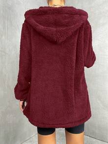SHEIN Unity 秋冬保暖长袖口袋休闲宽松女式外套 - 酒紅色 - 查看 2