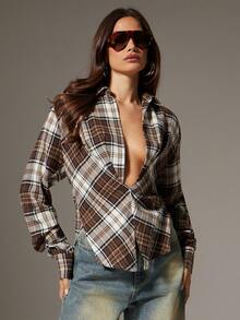 Denimoi 休闲长袖女士扭结前襟低领格子上衣 - 彩色 - 查看 4