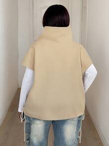 Maweii Plus Size Casual Solid Color Drawstring Hem Loose Overcoat, Autumn - Apricot - View 2