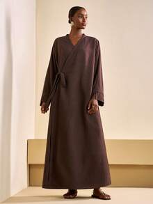 Zivah 2026 Spring And Summer New Commuter Casual Old Money Style Loose Brown V-Neck Wrap Lace Long Sleeve Women Maxi Dress, Suitable For Travel, Shopping, Commuting, Dating, Party, Gathering, Brunch Clothing, Airport Wear, Christmas, New Year, Festival,Church Outfits Women-E - Brown - View 5