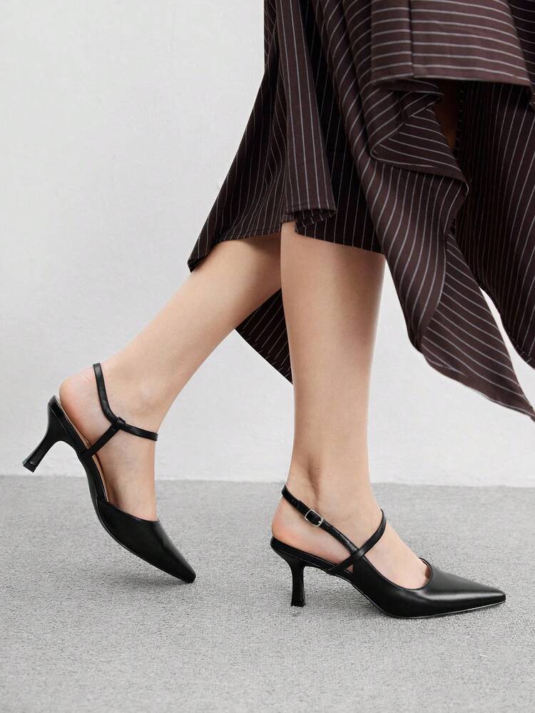 CUCCOO BIZCHIC Black Motorcycle Buckle Pointed Toe Stiletto High Heel Pumps, Sexy Fashion Women's Heels, Neutral Style Suitable For Night Out And Date