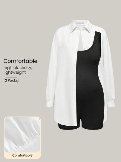 Modmama Set de 2 piezas de camisa de manga larga de unicolor y mono pitillo de maternidad