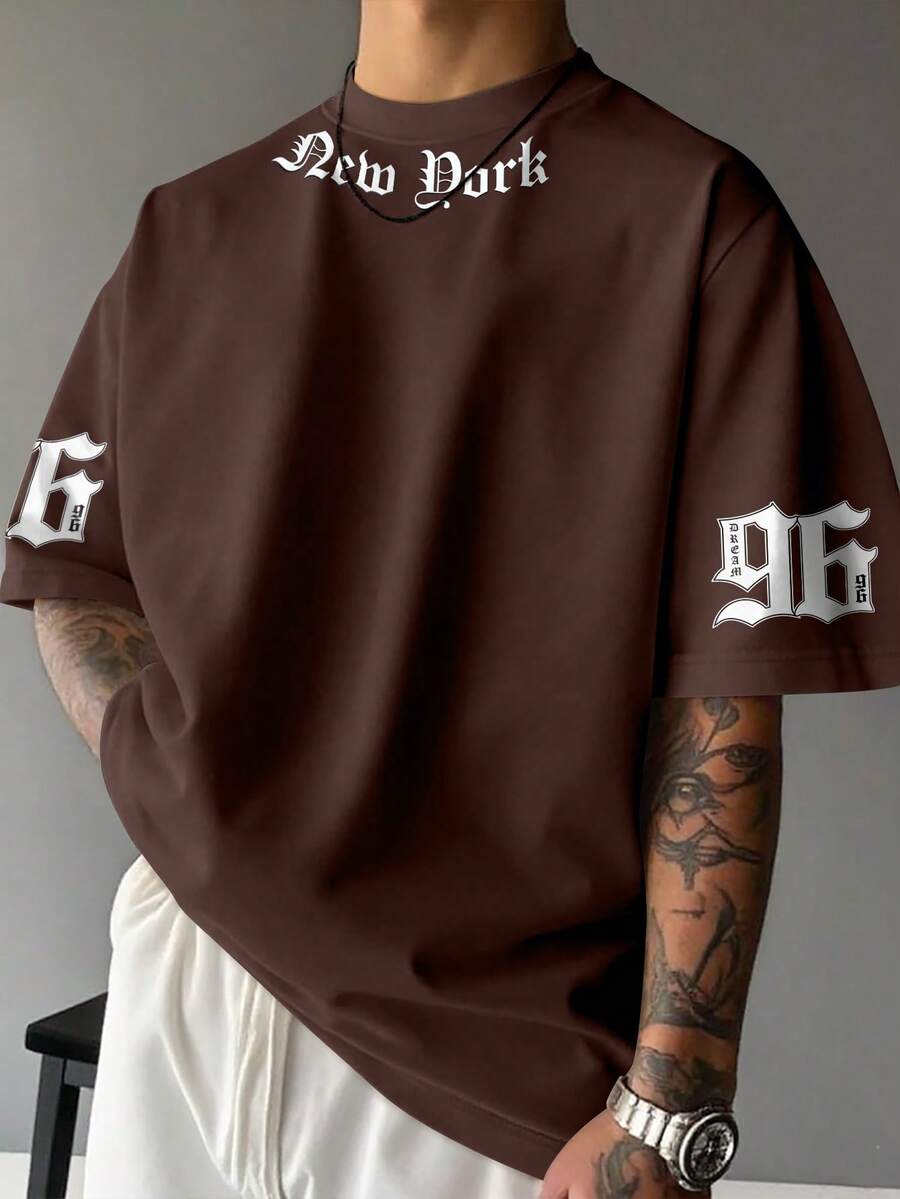 Manfinity EMRG 男士休闲字母印花短袖T恤，夏季 - 棕色 - 查看 1