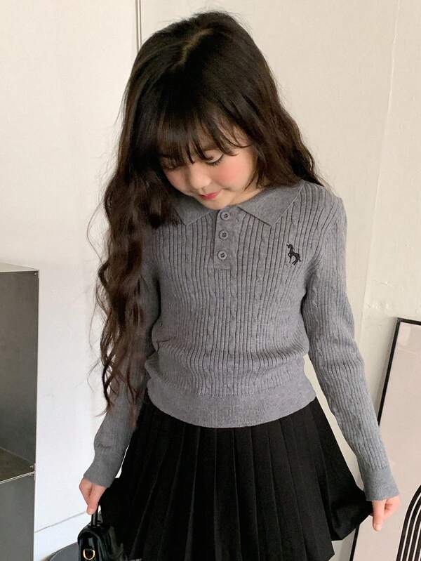 Dazy Kids Tween Girl Embroidered Collar Sweater, Fall Clothing