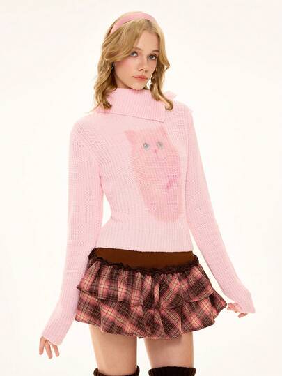 ROMWE Avant Maglione lavorato a maglia con collo alto, fiocco e stampa vintage a gattini