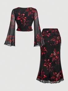 SHEIN MOD 大码女式花卉印花扭花前喇叭袖上衣和鱼尾裙优雅套装，女士秋季服装，秋季女式裙子秋季套装，高挑女装，女士秋季套装，度假装热带花卉两件套 - 彩色 - 查看 2