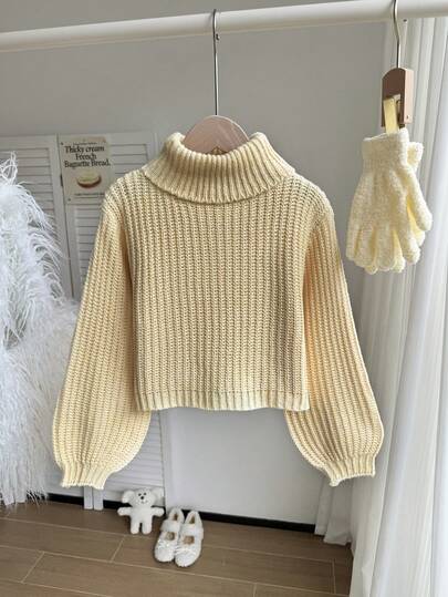 SHEIN Genkimix Kids 女童纯色高领长袖休闲毛衣，秋冬季