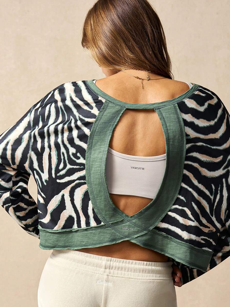 VARSIVA 休闲宽松露脐长袖运动T恤，后背镂空设计