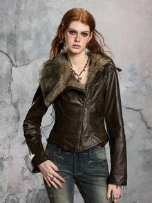 ROMWE EDITION 复古辣妹艾比复古嬉皮酸洗皮夹克 - 棕色 - 查看 4