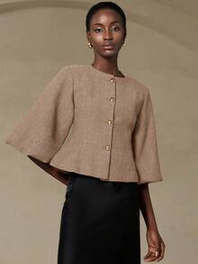 GENKIRA Elegant French Retro Romantic Luxury High-End Design Herringbone Round Neck 3/4 Petal Sleeve Cinched Waist Slim Metal Button Women's Blazer - Apricot - View 2
