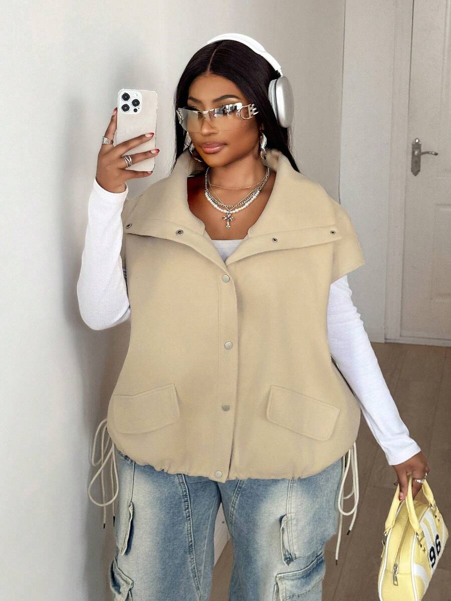 Maweii Plus Size Casual Solid Color Drawstring Hem Loose Overcoat, Autumn - Apricot - View 1