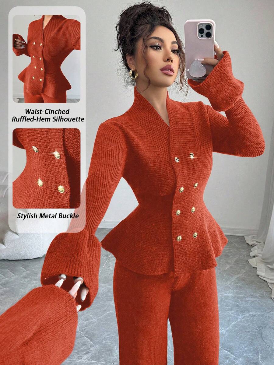 Elenzga Bộ 2 món: Áo khoác cardigan cổ đứng tay loe thắt eo thanh lịch dành cho người đi làm thường ngày màu xanh lam & áo len dệt kim ống đứng, Thu/Đông - trái cam - Xem 1