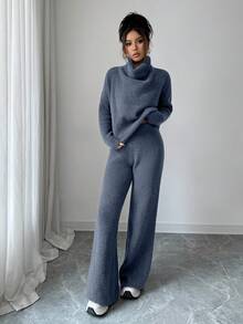 Elenzga Conjunto de dos piezas de suéter de punto de manga larga holgado y pantalones de color camello elegante y casual, adecuado para ir al trabajo, otoño/invierno - Azul - Ver 9