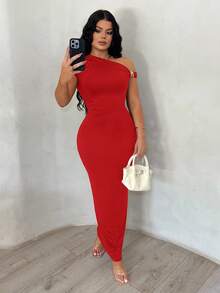 SHEIN SXY Váy thanh lịch cổ lệch màu nâu dành cho nữ - Đỏ - Xem 6