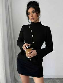 Elenzga Elegante suéter con mangas de campana, cintura ceñida, decorado con botones verdes y dorados, para otoño/invierno - Negro - Ver 3