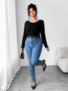 Elenzga Plus Size Women Casual Round Neck Long Sleeve T-Shirt With Bowknot Back - Black - View 7