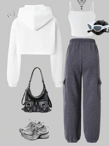 SHEIN ChillGRL Tween Girls 3-Piece Knit Outfit With Letter Print Sweatshirt, Camisole, And Cargo Pants, Comfortable And Set For Autumn/Winter - Dark Grey - View 2