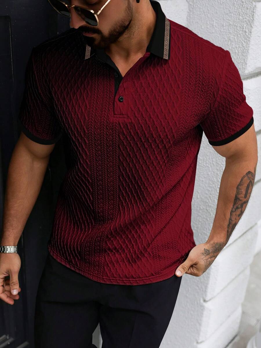 EGENSIO 男士休闲商务短袖Polo衫 - 酒紅色 - 查看 1