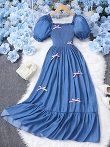 SHEIN 少女纯色泡泡袖蝴蝶结休闲夏季连衣裙 - 藏蓝色 - 查看 1