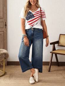 EMERY ROSE Plus Size Casual Washed Vintage Wide Leg Jeans Casual Street Patchwork Pocket Loose Wide Leg Jeans Women Jeans Baggy Loose Jeans