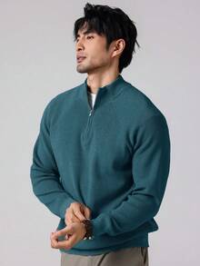 Manfinity Homme Jersey de media cremallera de unicolor casual para hombre, otoño/invierno - Neblina azul - Ver 6