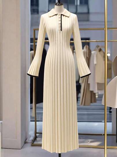 Franclia Ny höstklänning i europeisk och amerikansk stil, sexig och åtsittande vintagestil med v-ringning och elegant stickad tröja för kvinnor