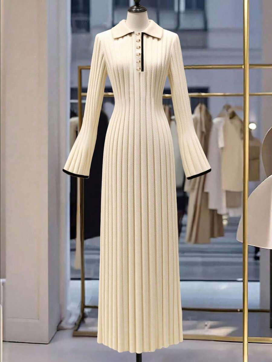 Franclia New Autumn European & American Style Sexy Fitted Vintage V-Neck Elegant Knit Sweater Dress For Women - Beige - View 1