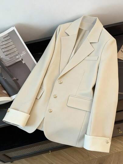 GlowEve CURVE Plus Size Women's Popular Solid Color Lapel Long Sleeve Commuter Blazer Jacket, Elegant Metal Button Design Versatile Ladies Autumn/Winter Coat Fall