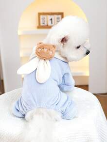 PETSIN 1件猫狗通用服装，可爱宠物泰迪熊领带连体衣，秋冬加厚蓝色保暖外套 - 藍色 - 查看 4