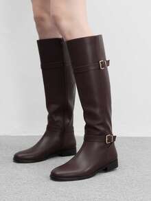 CUCCOO BIZCHIC Women's Buckle Design Fashion Daily Commute Chunky Heel Knee-High Boots For Christmas - Coffee Brown - View 4