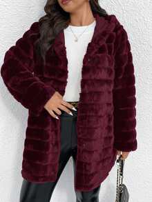 SHEIN Clasi 大码女式奢华休闲仿毛皮连帽外套 - 酒紅色 - 查看 5