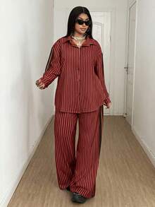 Maweii 女士条纹休闲宽松上衣和印花长裤两件套，通勤风格，秋冬季 - 彩色 - 查看 7