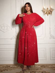 Flirla Plus Size Women's Solid Color Elastic Knit High Collar Cinched Waist With Hollow Metal Buckle Decor Bodycon Maxi Dress With Slit Hem, Chocolate Brown, Elegant Vintage French Street Style, Versatile, Suitable For Halloween, Christmas, Thanksgiving, Afternoon Tea Party, Semi-Formal Occasions, Autumn/Winter - Red - View 7