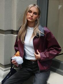 Aloruh Women's Elegant Coat,Barn-Style Color-Blocked Jacket,Fashionable & Versatile Commuter Ancla Red PU Jacket In,Women's Winter,Women's Winter Jacket,Fall For Women,Autumn For Women,New Year,Chic Women's Jacket,Burgundy Coat,Old Money Style,Casual Coat,Fall/Winter - Coffee Brown - View 7