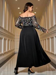 SHEIN Clasi Váy hở vai đính sequin dự tiệc sang trọng cỡ lớn - màu đen - Xem 6