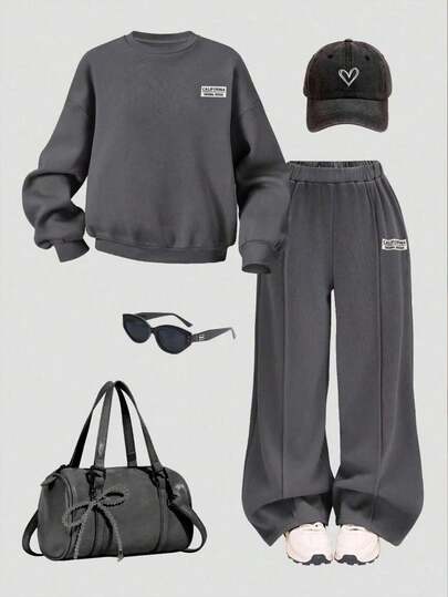 SHEIN Tween Girl Casual Heart Print Knit Solid Color Loose Drop Shoulder Long Sleeve Sweatshirt And Wide Leg Sweatpants Set