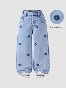 SHEIN ChillGRL Quần jeans bé gái, kiểu dáng thời trang, họa tiết bông tuyết, thêu hoa, cạp chun, ống đứng, màu xanh nhạt, đa năng, phù hợp cho mọi mùa, thích hợp mặc đi ăn trưa hoặc đi ăn tối. - Rửa nhẹ - Xem 8