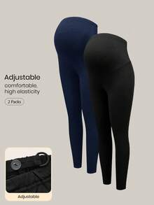 Modmama 2 件孕妇纯色弹力腰紧身裤，秋冬季紧身紧身裤