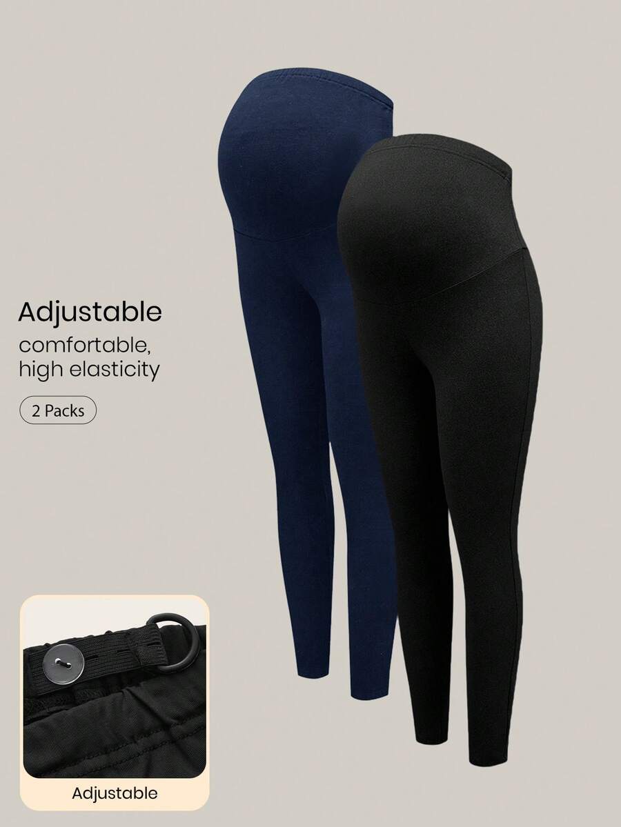 Modmama 2 件孕妇纯色弹力腰紧身裤，秋冬季紧身紧身裤