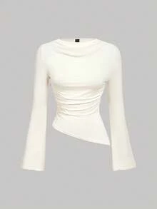 SHEIN MOD 褶皱圆领喇叭袖腰部褶皱不对称下摆杏色百搭 T 恤，象牙色上衣，奶油色上衣，白色上衣，不对称下摆，上衣，返校，秋季，秋季上衣，优雅女式衬衫 - 米色 - 查看 6