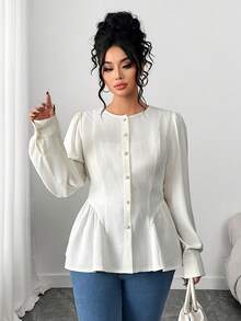 Elenzga Women's Autumn/Winter Textured Fabric Puff Sleeve Fitted A-Line Shirt - Apricot - View 4