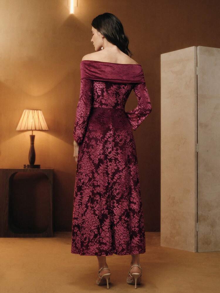 Elegant High-End Burgundy Red Fitted Formal Evening Gown, Long Velvet Jacquard Dress, Off The Shoulder, Suitable For Christmas, Winter, Wedding Guest, Elegant Dress For Fall, Winter, Spring, New Year, Party, Wedding, Chic, Stylish, Work, Thanksgiving, Graduation, Christmas, Festival