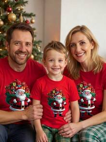Playera Navideña, con estampado de Santa Claus, Papá Noel, moderna, holgada, cuello redondo, manga corta, para fiestas de temporada y uso diario, ideal para toda la familia - Rojo - Ver 1