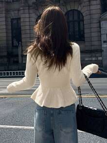 DAZY Women's Loose Cardigan With Pearl Buttons, Autumn - Beige - View 2