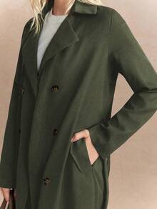 Écloséra French Retro Navy Blue Striped Fitted Lapel Original Fabric Belt Waist Closure Slant Pockets Contrast Green Striped Butterfly Print Women Long Sleeve Trench Coat, Autumn/Winter - Army Green - View 7