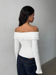 SHEIN MOOSTA Suéter sexy y versátil de manga larga con hombros descubiertos, de unicolor y con detalle de costillas - Albaricoque - Ver 2