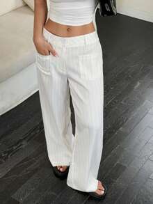 Flirla Women's Low Waist Striped Retro Versatile Wide Leg Pants With Pockets Fall Cloth For Women - White - View 3