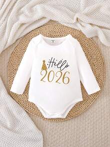 SHEIN Baby Boy Letter Print Round Neck Long Sleeve Casual Bodysuit